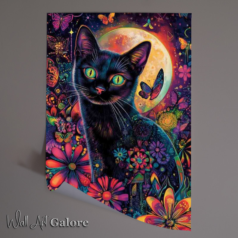 Buy Unframed Poster : (Bright eyes black cat flowers)