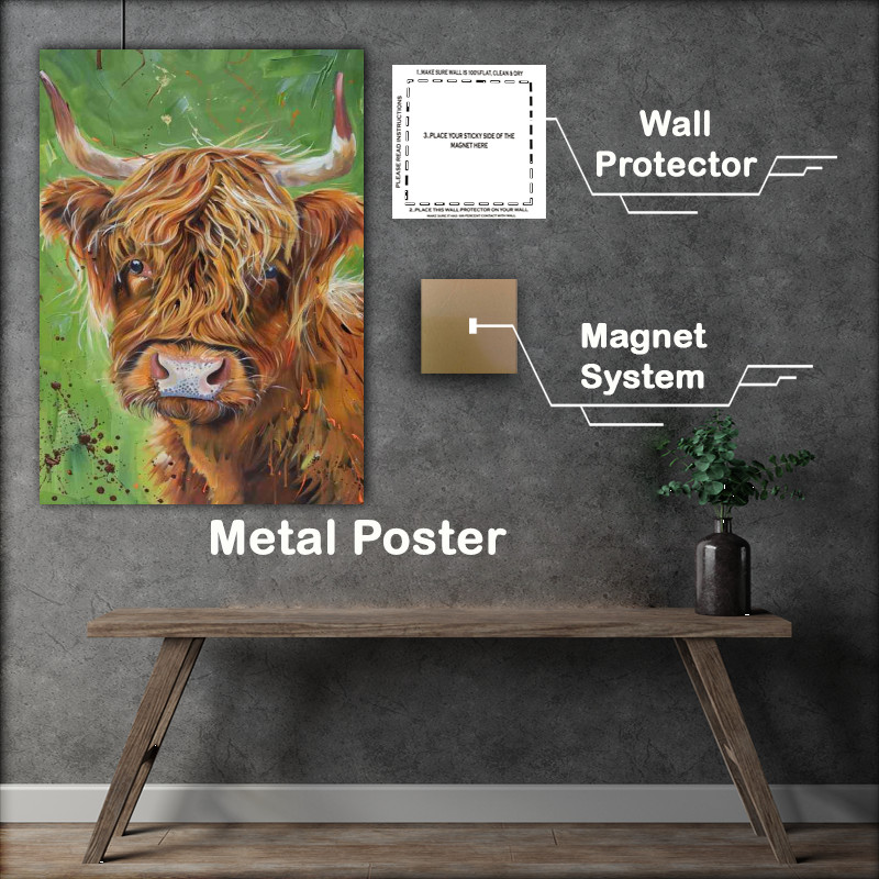 Buy Metal Poster : (Brown heffa cow in a green field painted style)