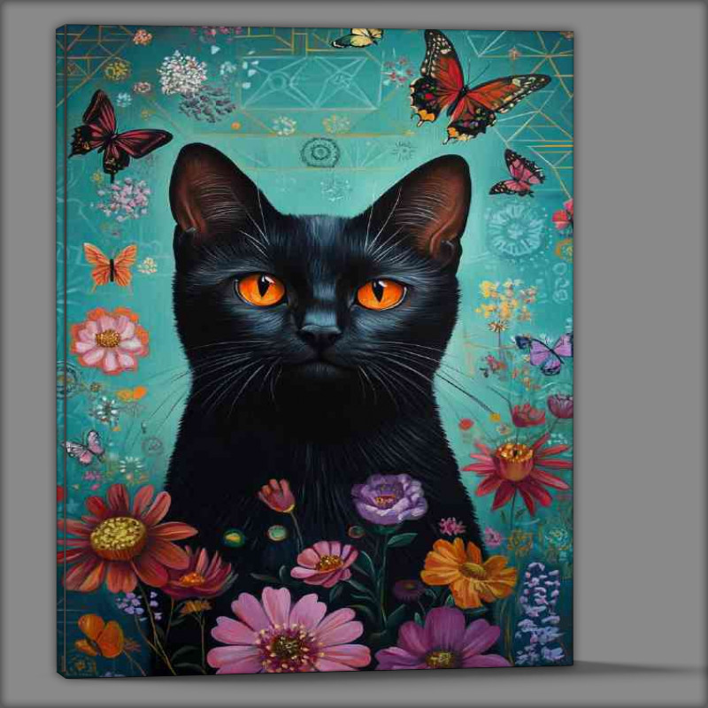 Buy Canvas : (Colourful black cat and butterflies flying)