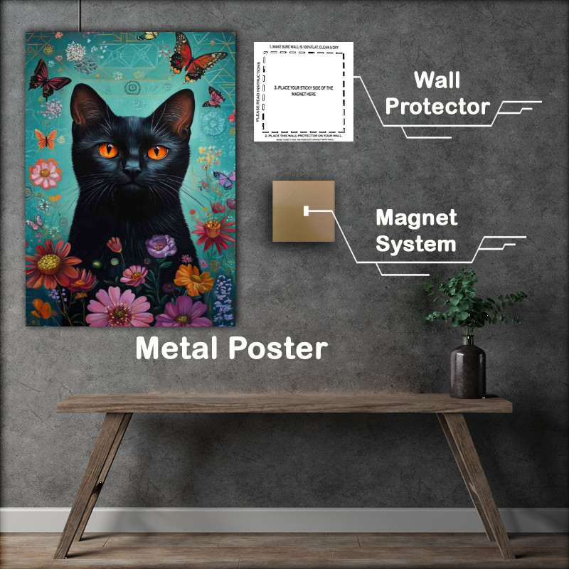 Buy Metal Poster : (Colourful black cat and butterflies flying)