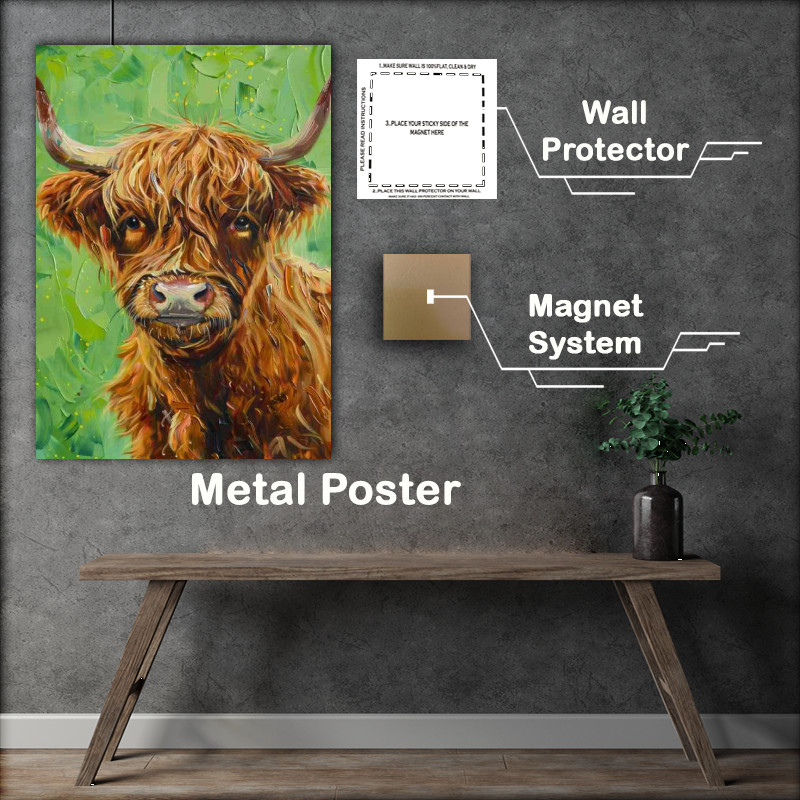 Buy Metal Poster : (Crazy cow in a oil painting style green grass)