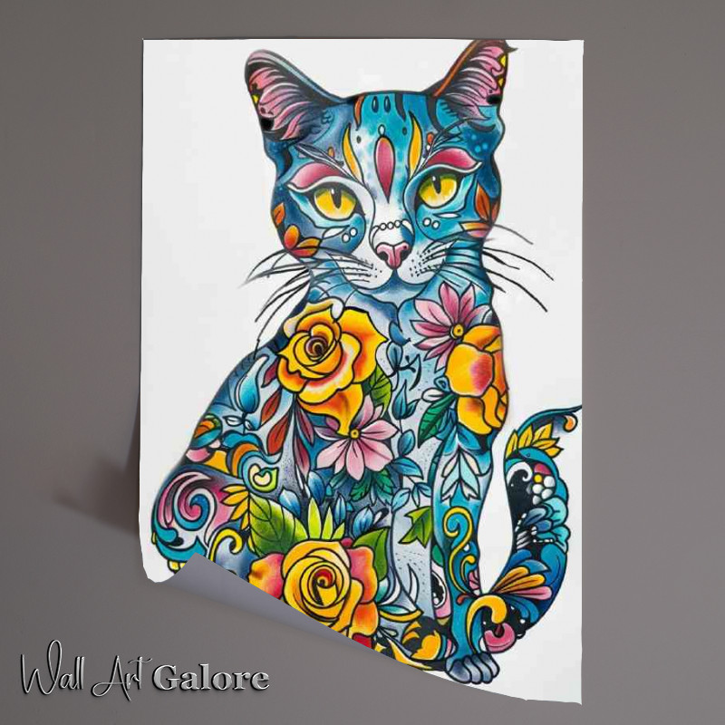 Buy Unframed Poster : (Floral coloured tattoo cat)