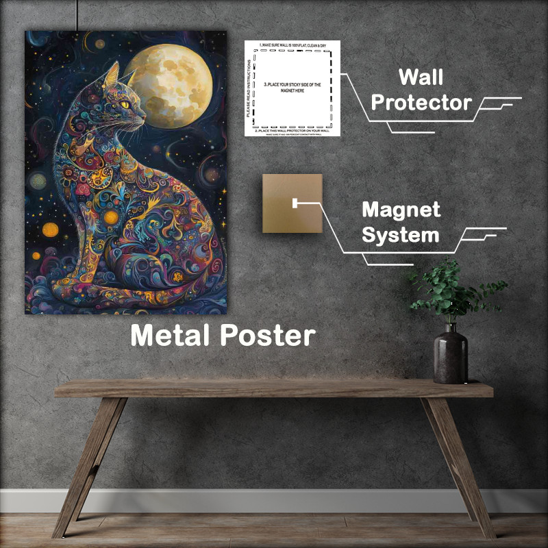 Buy Metal Poster : (Full bodt cat night moon with swirls)