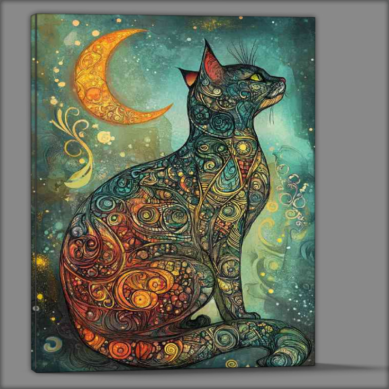 Buy Canvas : (Inked cat colourful with moon)