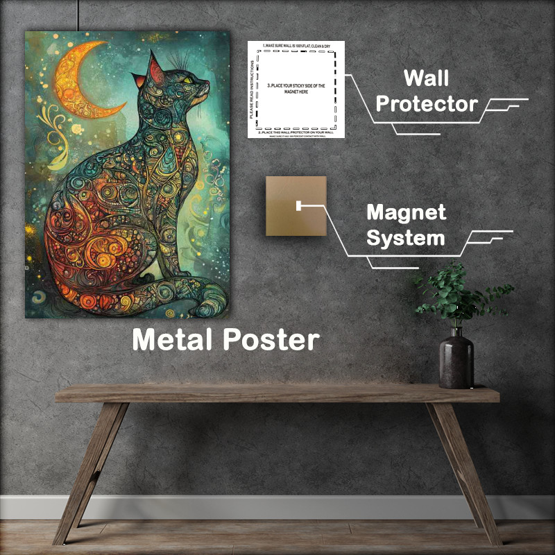 Buy Metal Poster : (Inked cat colourful with moon)