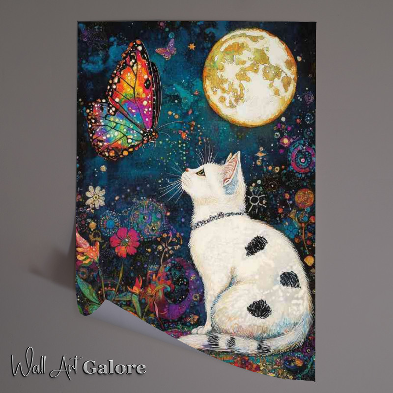Buy Unframed Poster : (The white cat moon and butterfly)