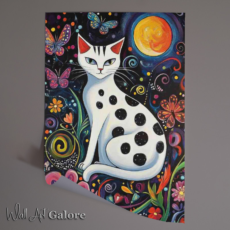 Buy Unframed Poster : (The white spotted cat with swirls and full moon)
