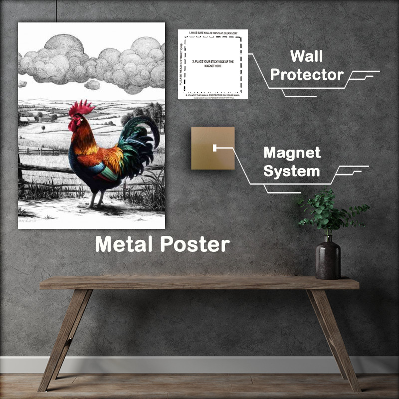 Buy Metal Poster : (Vividly colored rooster standing)