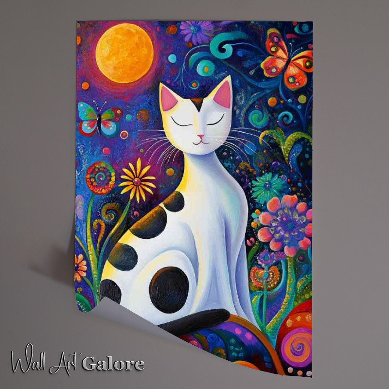 Buy Unframed Poster : (WHite cat with spots and flowers)