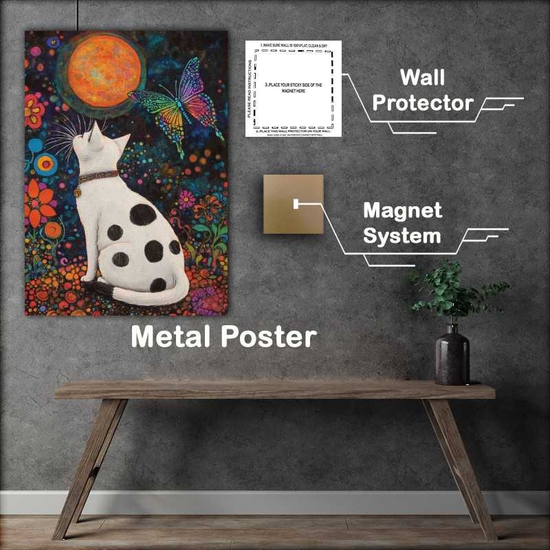 Buy Metal Poster : (White cat black spots flowers)