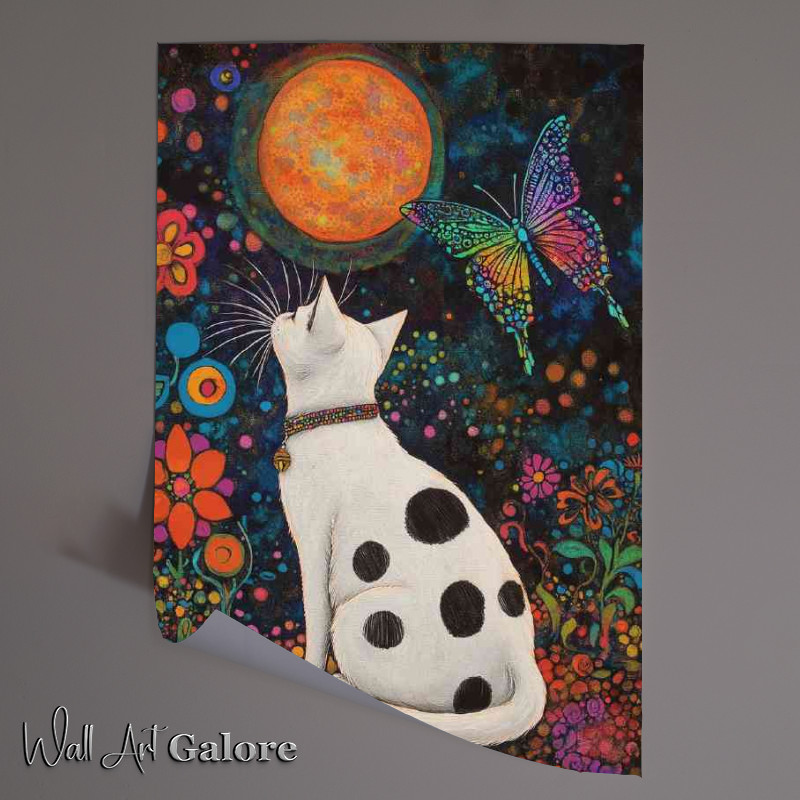 Buy Unframed Poster : (White cat black spots flowers)