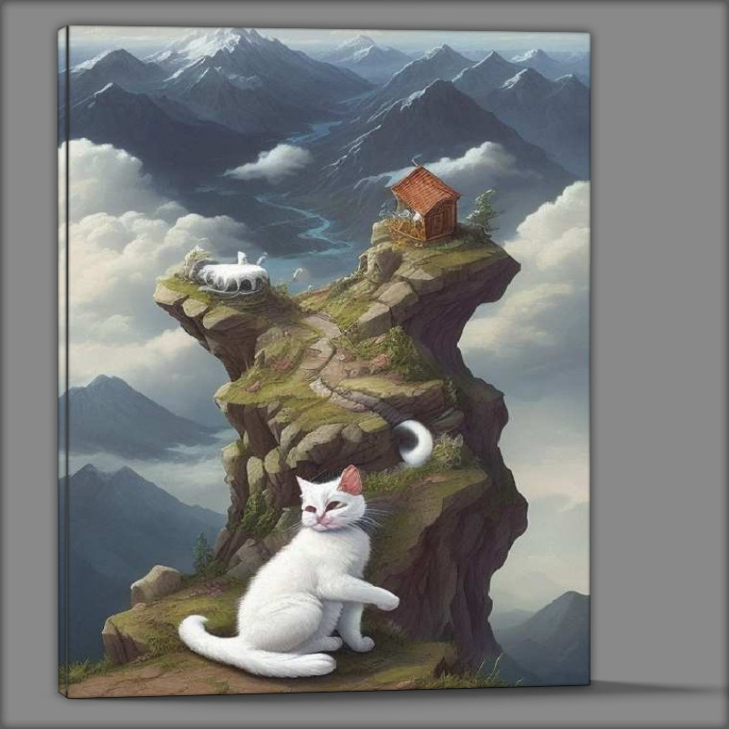 Buy Canvas : (White cute cat on clouds looking at mountains)