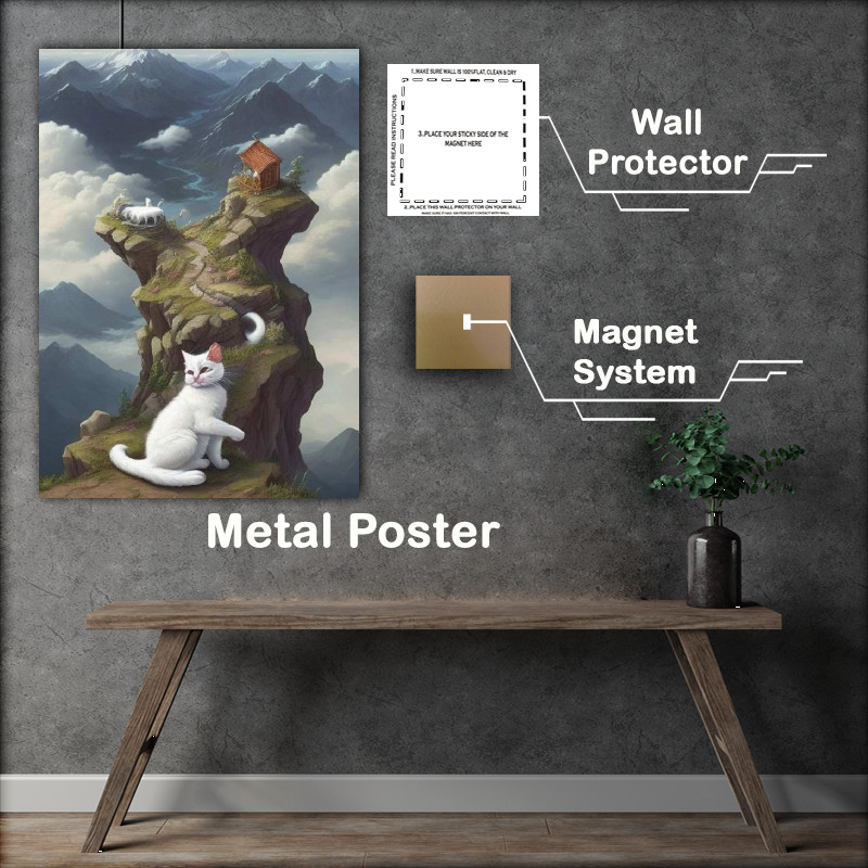 Buy Metal Poster : (White cute cat on clouds looking at mountains)