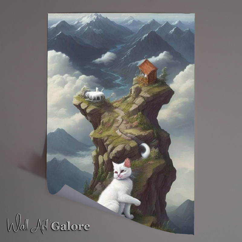 Buy Unframed Poster : (White cute cat on clouds looking at mountains)