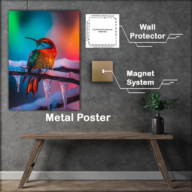 Buy Metal Poster : (Colourful crystal bird on a frozen branch)