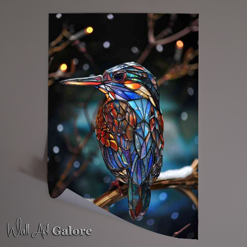 Buy Unframed Poster : (Kingfisher stained glass perched on icy tree)