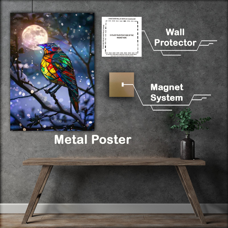 Buy Metal Poster : (Stained glass bird full moon)