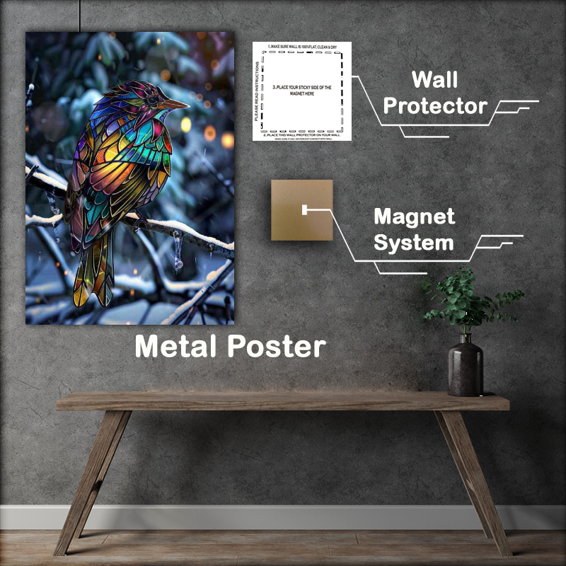 Buy Metal Poster : (Stained glass bird in the snow)