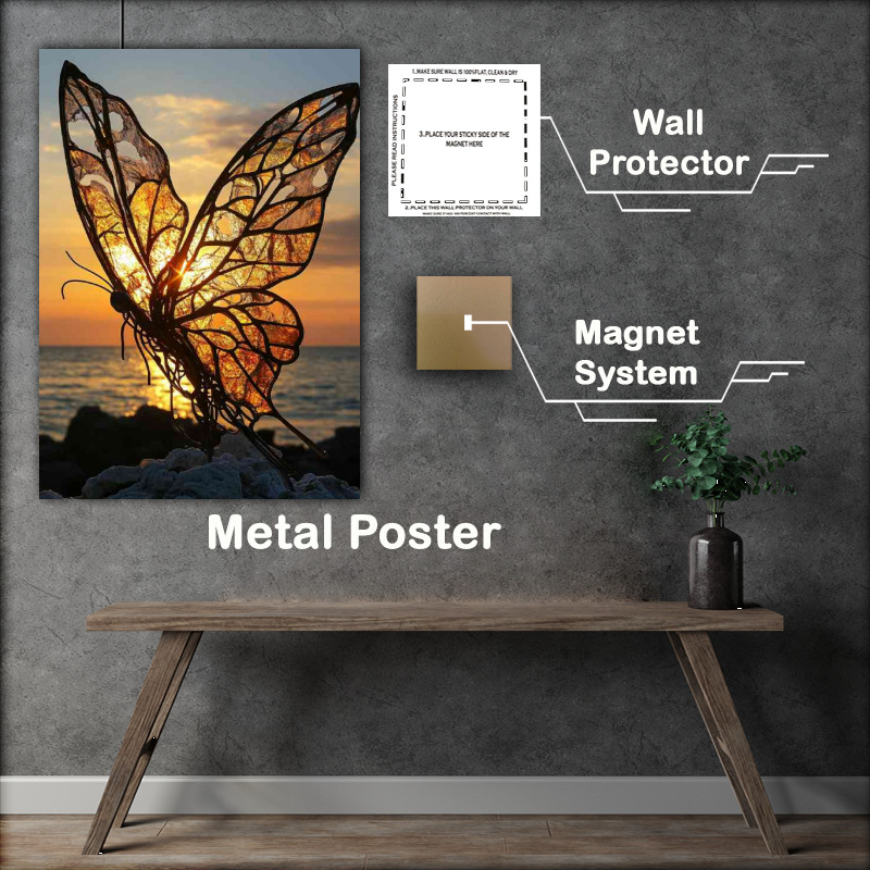 Buy Metal Poster : (Butterfly sculpture in the ocean sea)