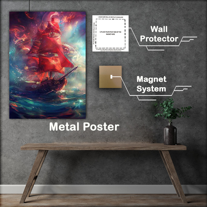 Buy Metal Poster : (Majestic pirate ship with billowing red sails)
