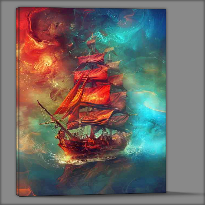 Buy Canvas : (Pirate ship with bright red sails)