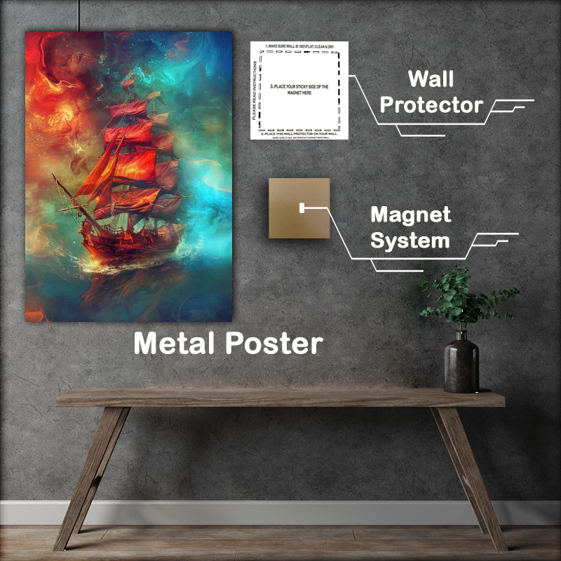 Buy Metal Poster : (Pirate ship with bright red sails)