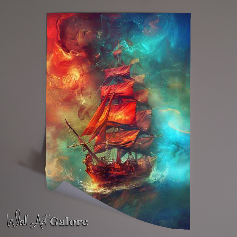 Buy Unframed Poster : (Pirate ship with bright red sails)