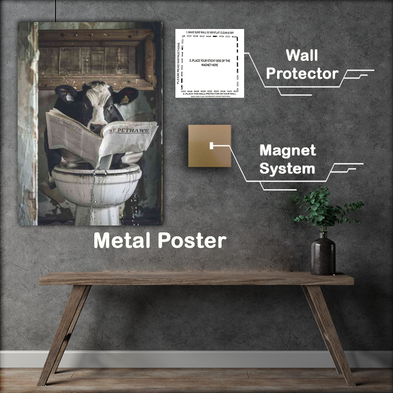 Buy Metal Poster : (Black and white cow reading paper)