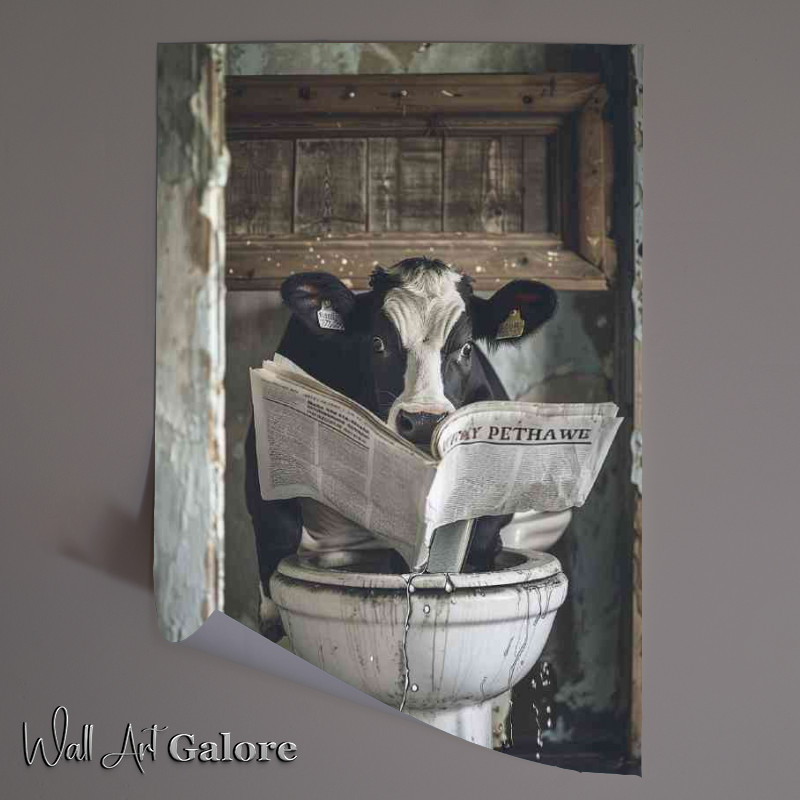 Buy Unframed Poster : (Black and white cow reading paper)