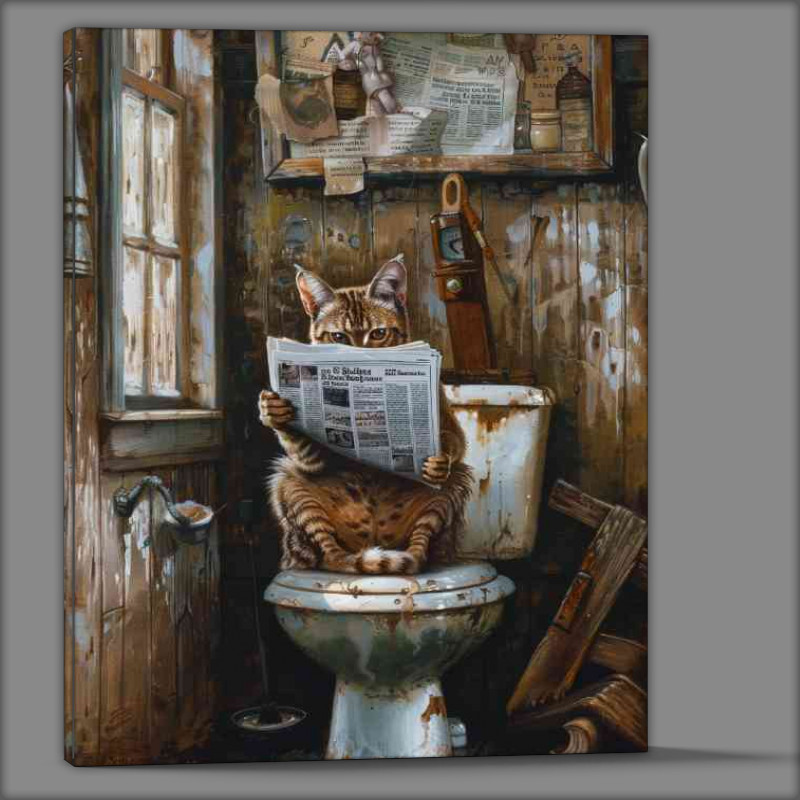 Buy Canvas : (Cat tabby reading on toilet)