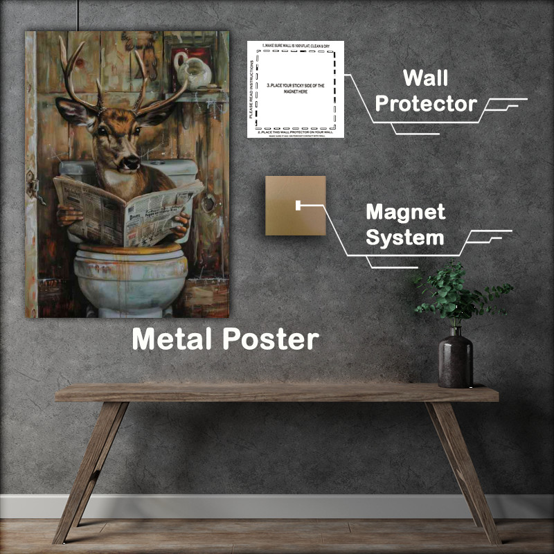Buy Metal Poster : (Stag with horns reading newspaper surreal)