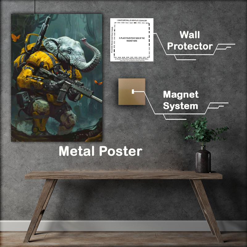 Buy Metal Poster : (An elephant with yellow and black gear holding)