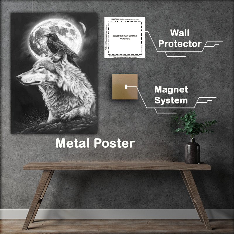 Buy Metal Poster : (Black and white wolf and the crow full moon)