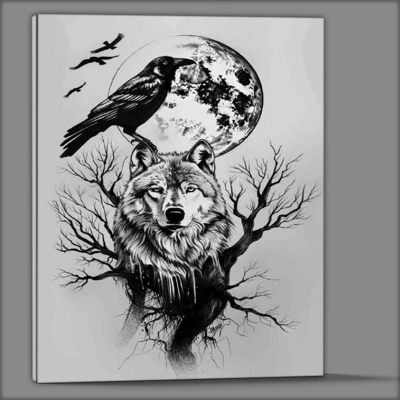 Buy Canvas : (Black and white wolf crow and full moon)