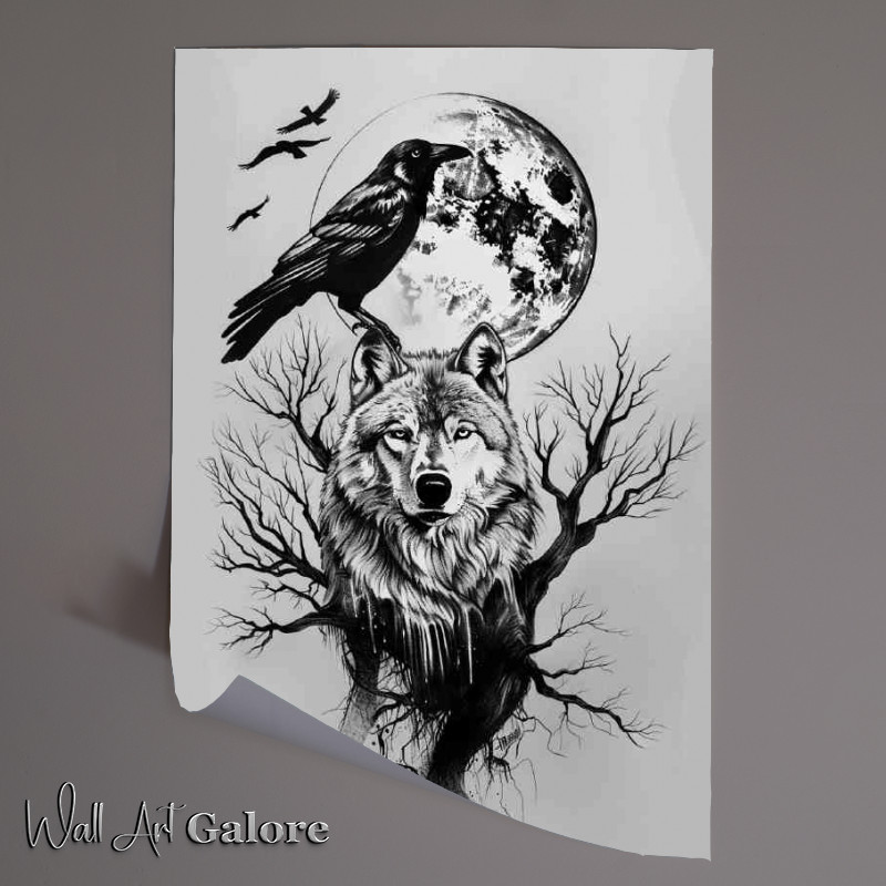 Buy Unframed Poster : (Black and white wolf crow and full moon)