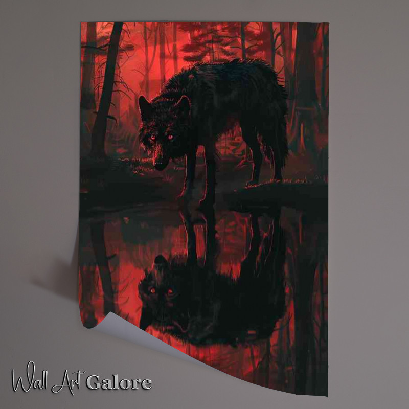 Buy Unframed Poster : (Black wolf red night reflection)
