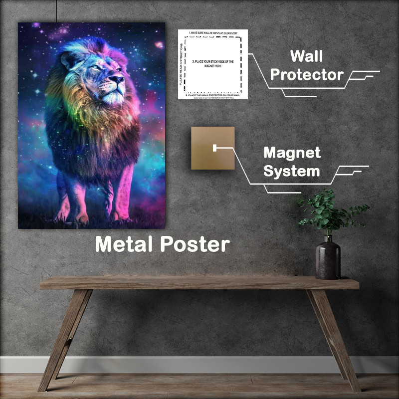 Buy Metal Poster : (Majestic lion woth covered rainbow)