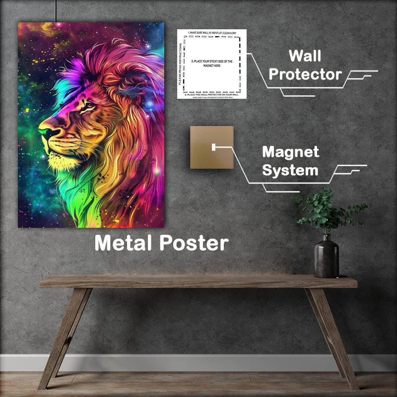 Buy Metal Poster : (Rainbow galaxy coloured lion head)