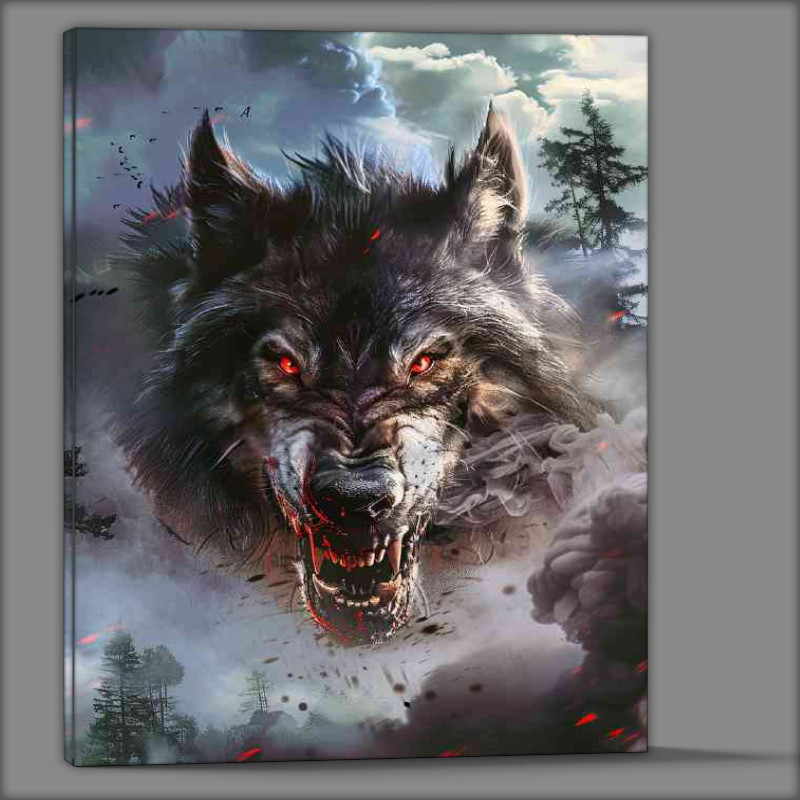 Buy Canvas : (Snarling wolf with red eyes forest and clouds)
