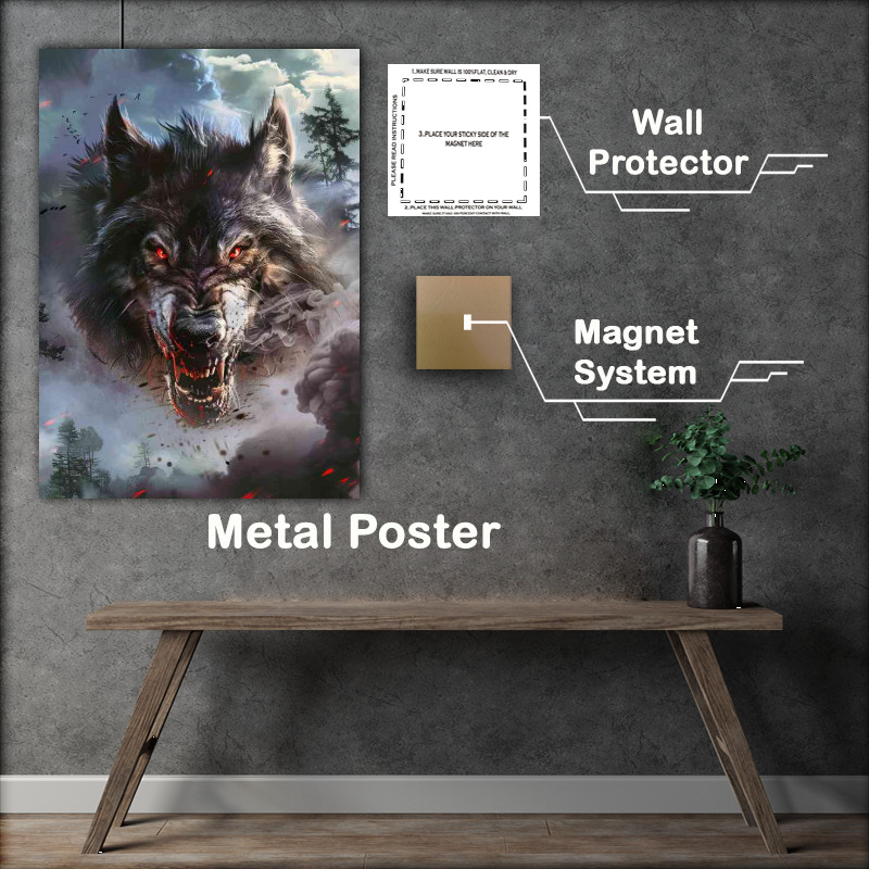 Buy Metal Poster : (Snarling wolf with red eyes forest and clouds)