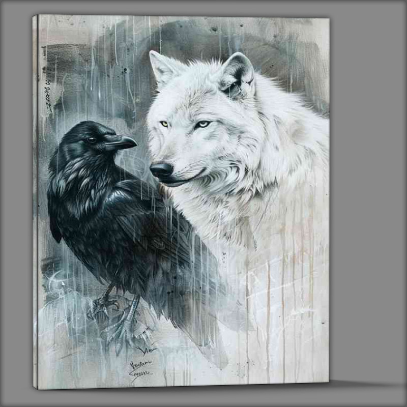 Buy Canvas : (White wolf with black eyes next to the crow)