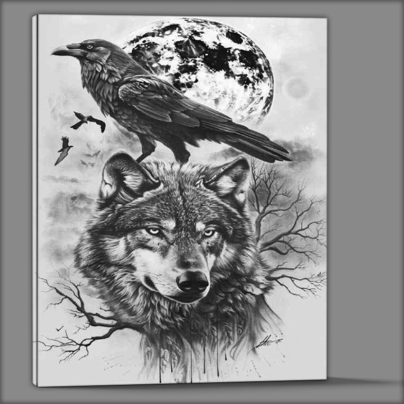 Buy Canvas : (Wolf and the crow full moon black and white)