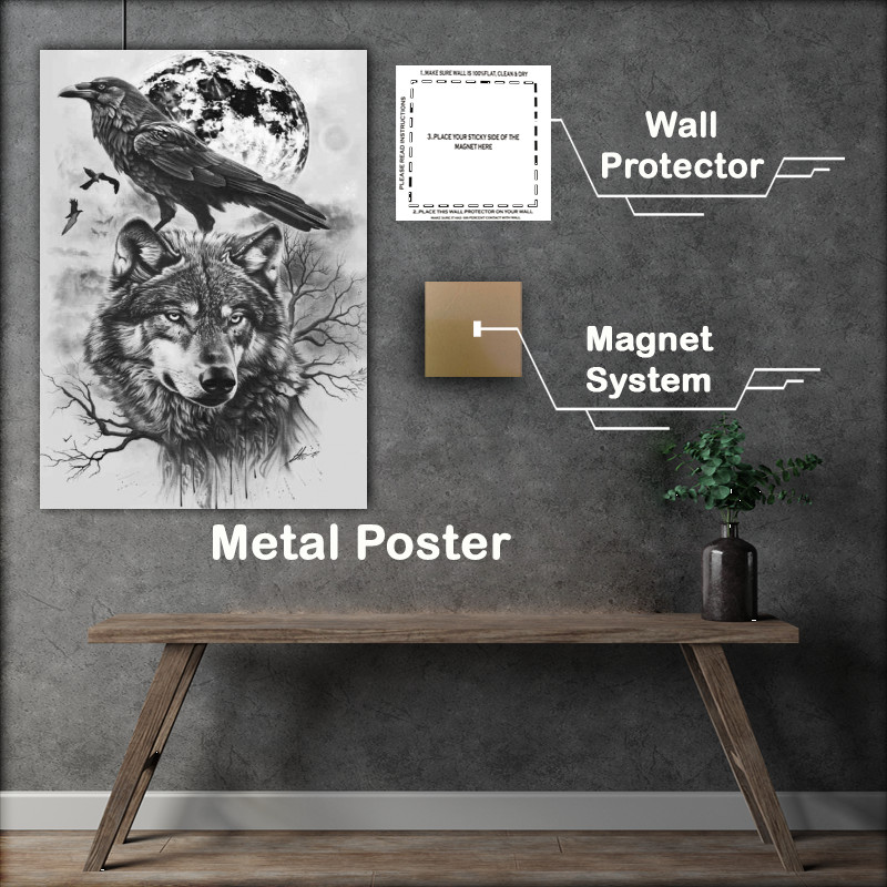 Buy Metal Poster : (Wolf and the crow full moon black and white)