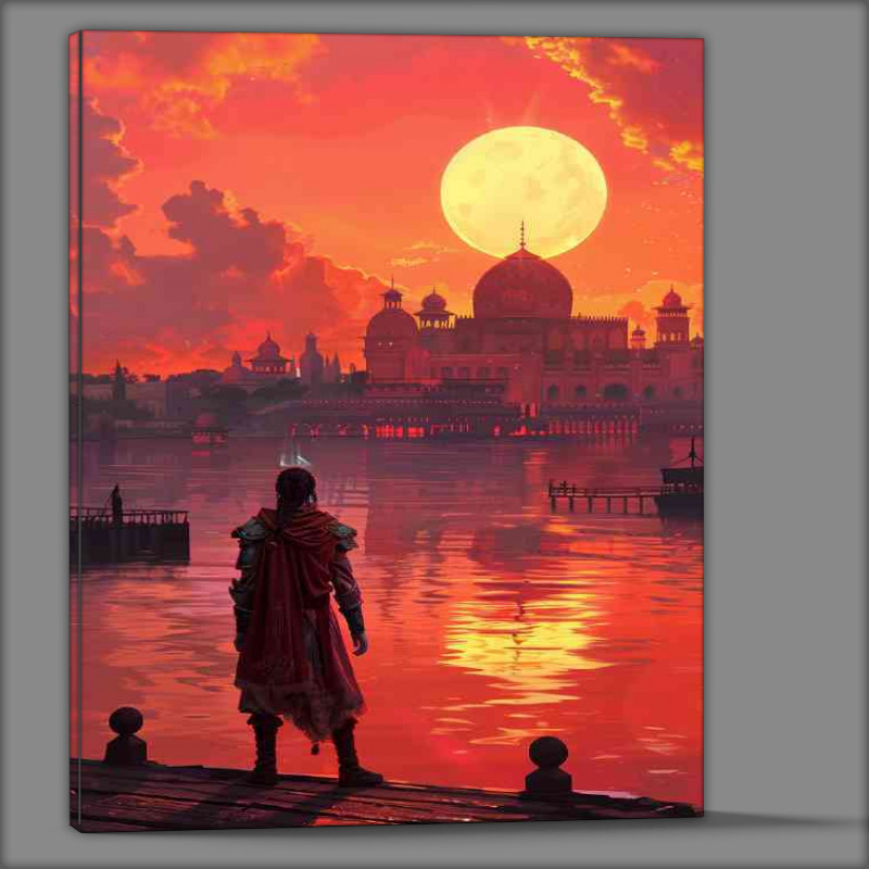 Buy Canvas : (Beautiful red sunset over the lake with an ancient building)