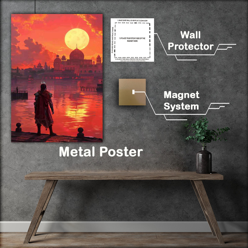 Buy Metal Poster : (Beautiful red sunset over the lake with an ancient building)