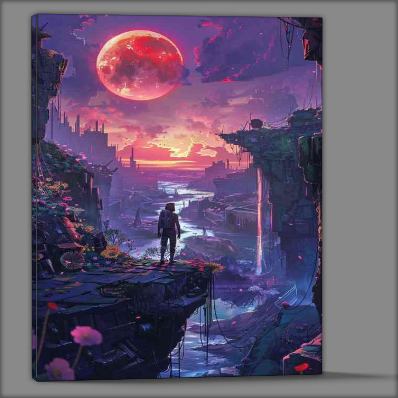 Buy Canvas : (Cyberpunk man in dark walks along the bridge)