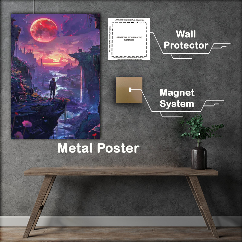Buy Metal Poster : (Cyberpunk man in dark walks along the bridge)