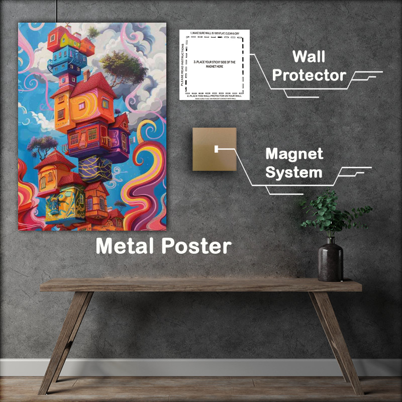 Buy Metal Poster : (Surreal houses stacked high in the sky)