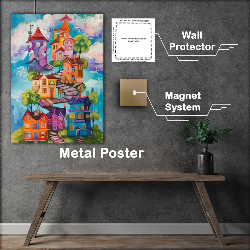 Buy Metal Poster : (Surreal painted houses high in the sky)