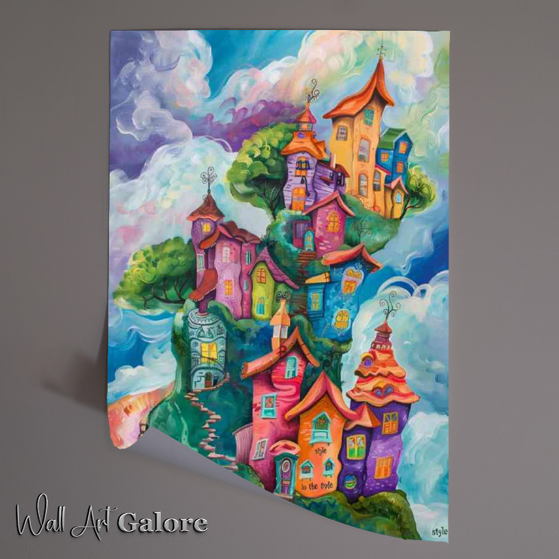 Buy Unframed Poster : (The houses stacked up on the hil surreal painting)